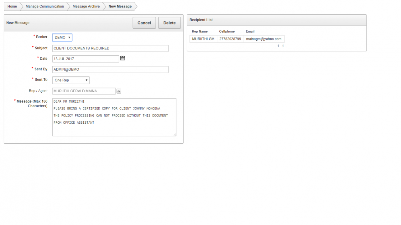 Send SMS Messages Directly from eBroker